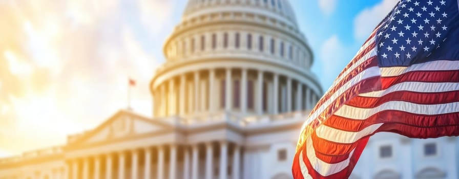 American flag waving in front of Capitol building, symbolizing freedom and democracy.