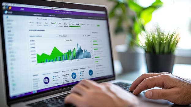 Digital marketer analyzing social media metrics on laptop screen.