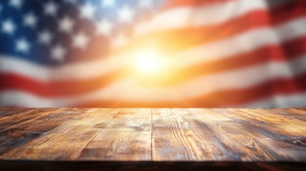 Wooden table in front of American flag background, evoking patriotism.
