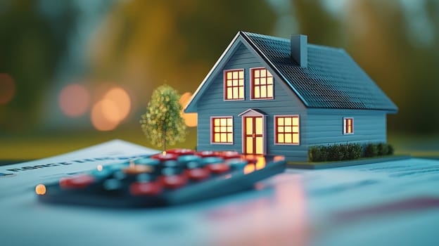 model house with calculator and mortgage documents, symbolizing finance.