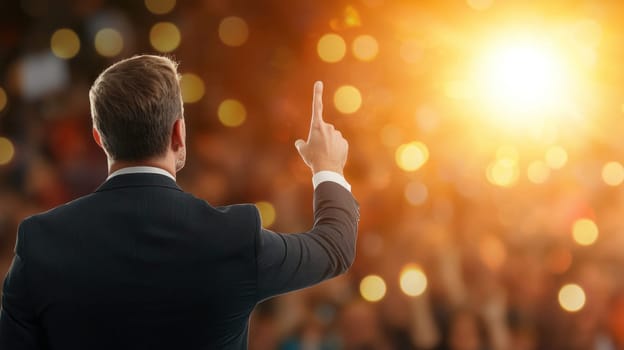 Man in suit gesturing passionately at vibrant crowd during speech.