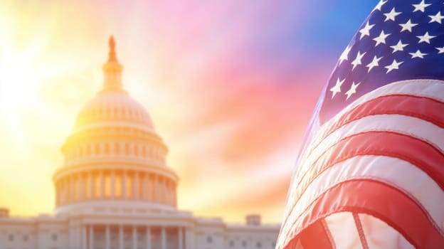 Capitol building with American flag at sunset, symbolizing patriotism.