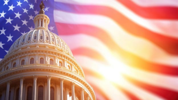 Capitol building stands proudly with American flag backdrop, symbolizing patriotism and democracy.