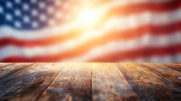 Wooden table with blurred American flag background, evoking patriotism.