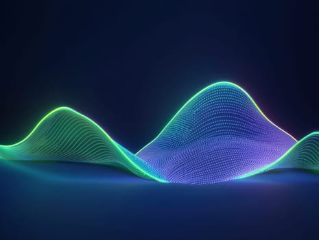 Glowing green and blue waves create mesmerizing digital landscape.