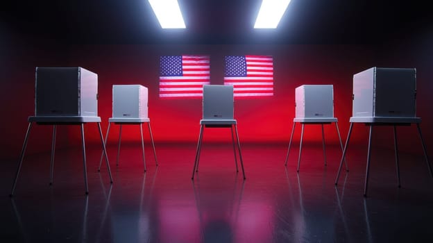 Voting booths illuminated against red backdrop with American flags.