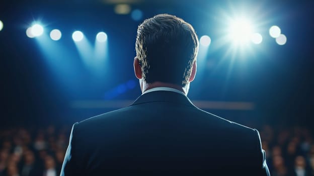 Man in suit addressing audience with bright stage lights shining.