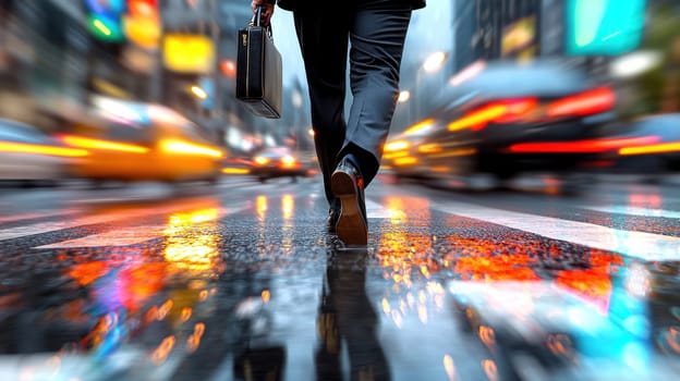 businessperson with briefcase walking in rain on city street.