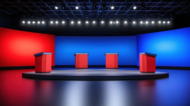 vibrant debate stage featuring four podiums under bright lights, creating engaging atmosphere.