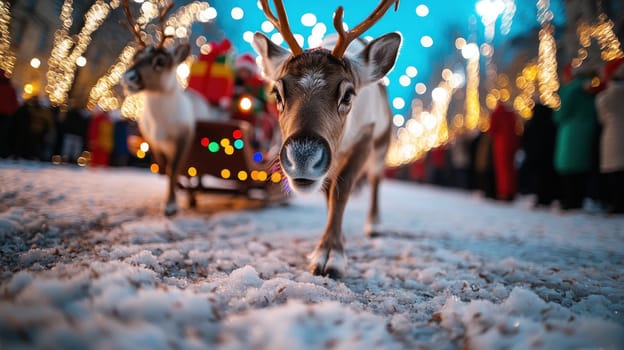 reindeer walks through snowy Christmas parade, surrounded by festive lights and decorations.