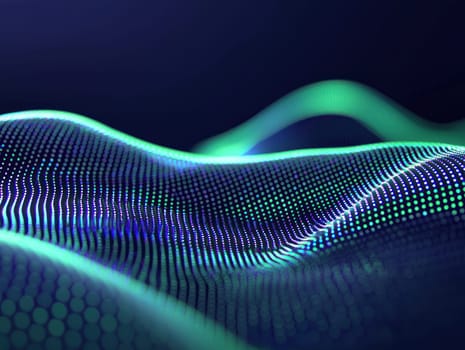 Digital waves with glowing green and blue dots create mesmerizing effect.