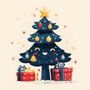 An evergreen Christmas tree adorned with holiday ornaments and a star on top, surrounded by beautifully wrapped gifts underneath, creating a festive and joyful scene