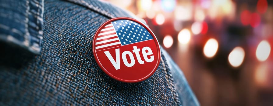 Vote button on denim jacket, symbolizing civic engagement and democracy.