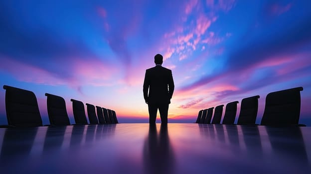 businessman stands in modern conference room at sunset, reflecting.