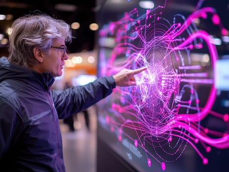 man interacts with digital map displaying data points and connections, showcasing technology.