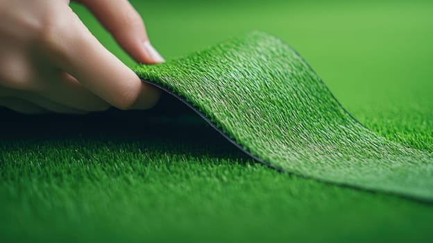 Laying artificial grass on vibrant green surface creates fresh look.