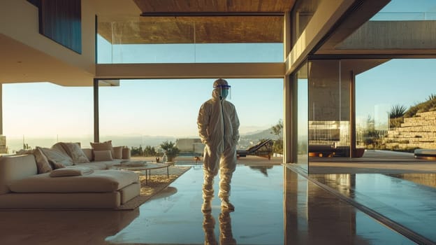 worker in full protective gear stands in modern home, reflecting safety and cleanliness.
