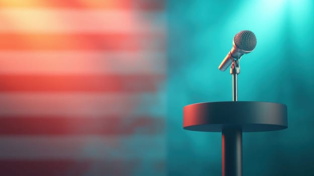 microphone on podium ready for candidate speech, illuminated by colorful lights.