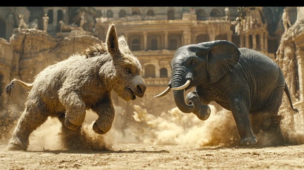 donkey and elephant engage in playful chase in dusty arena.