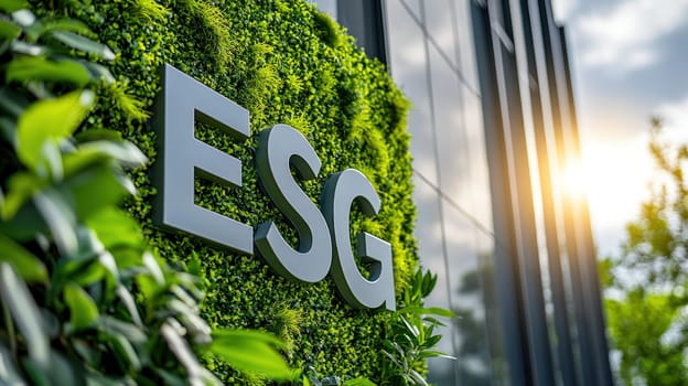 Sustainable design featuring green wall with ESG signage, promoting eco friendliness.