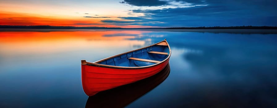 serene red boat floats on calm lake at sunset, reflecting vibrant colors.