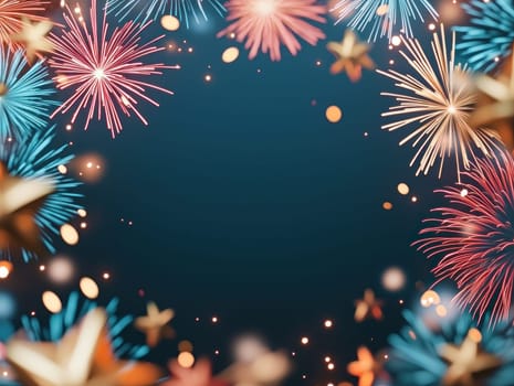 Colorful fireworks burst against dark background, creating festive atmosphere.