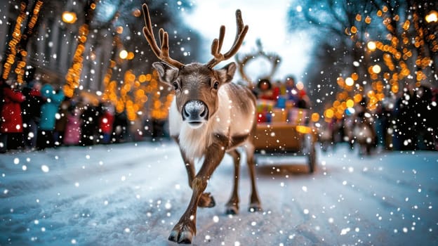 reindeer walks through snowy Christmas parade, surrounded by festive lights and joyful crowds.