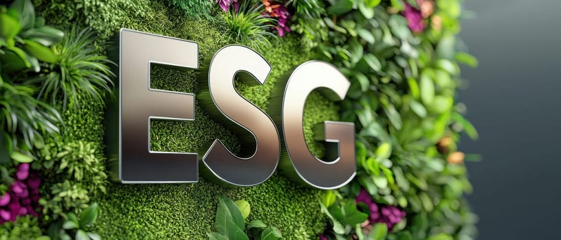 ESG logo on vibrant green wall with plants, symbolizing sustainability and growth.