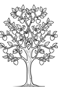 A monochromatic sketch of a woody plant known as an apple tree, featuring branches, leaves, and twigs with apples growing on them, creating a beautiful art gesture with tints and shades