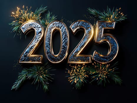 Celebrating new year 2025 with vibrant fireworks and greenery.