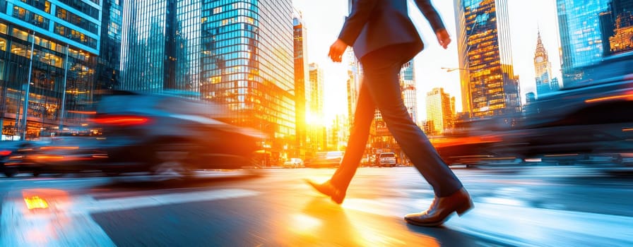 businessperson walking confidently across busy city intersection at sunset.