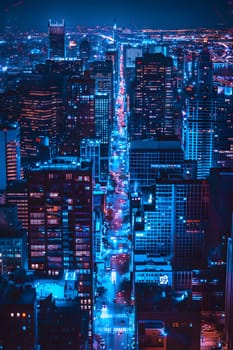 A dazzling cityscape at night lights up with vibrant neon lights, bustling and alive.