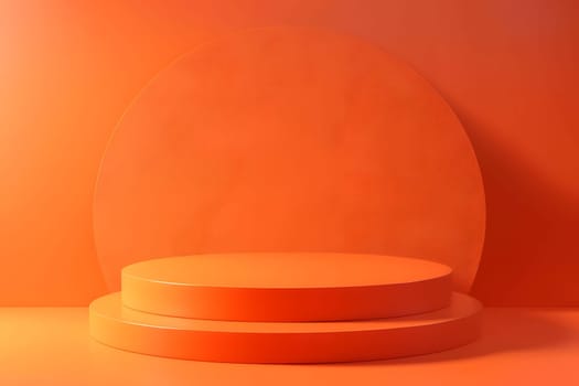 An artistic 3D rendering of an orange podium on an orange background, with tints and shades of peach and magenta. A circle light fixture on the ceiling emits a warm glow, symbolizing heat and energy