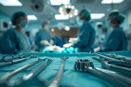 A team of surgeons are using aqua surgical instruments and gas in an electric blue operating room. This medical event combines science, engineering, and machine service
