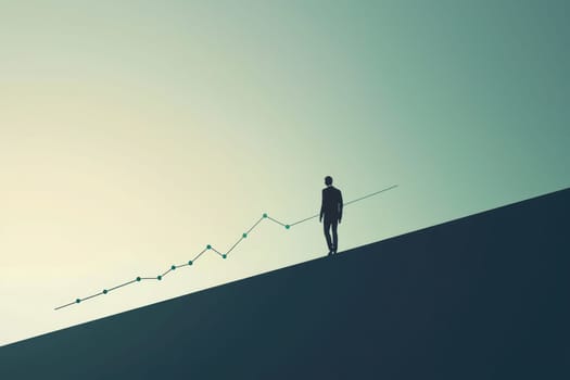 A simplistic design featuring a lone business figure walking towards a rising graph symbolizes the journey toward success and growth in professional life.