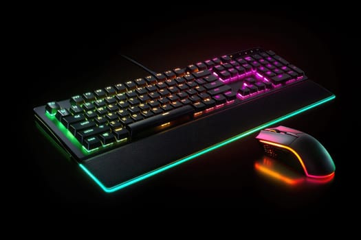 A vibrant gaming keyboard and mouse set in a dimly lit room, showcasing colorful illumination and sleek design, perfect for any tech enthusiast's workspace.