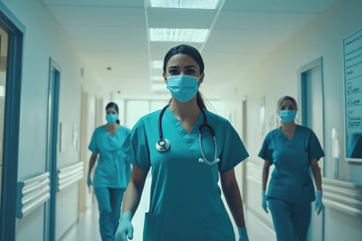 Medical professionals in scrubs and masks walk through a hospital corridor, ready to support and provide urgent care to patients in need.