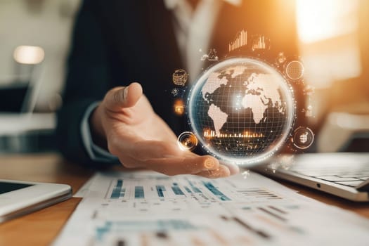 A professional hand reaches toward a digital globe, symbolizing global connectivity and collaboration in business and technology. Ideal for themes of innovation.