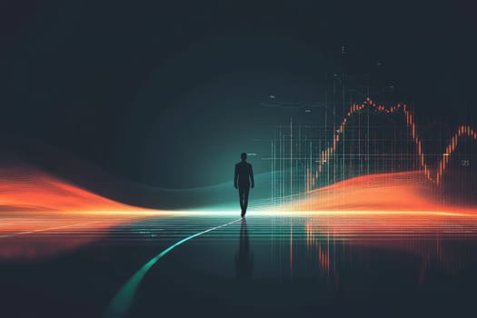 A simple yet striking image of a business figure walking through a digital data landscape, symbolizing innovation and future success in a modern business environment.