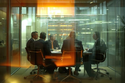 A group of business professionals in suits collaborates in a modern office space, emphasizing teamwork and strategic discussion in a professional environment.