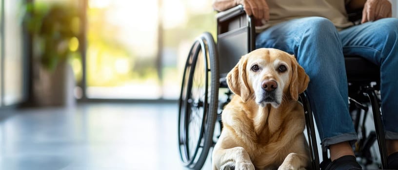 An elderly person in a wheelchair enjoys the warmth of companionship with a dog. The serene environment highlights their bond and support together.