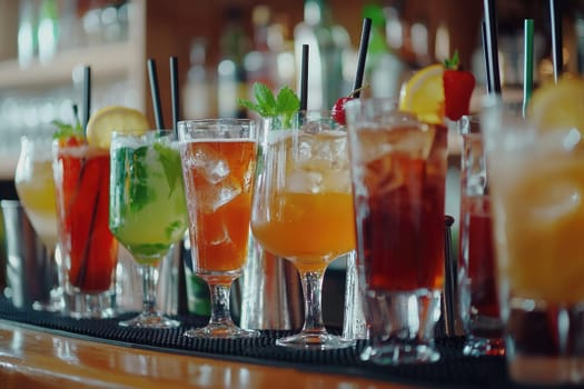 A vibrant assortment of alcoholic cocktails displayed at a bar, featuring colorful mixtures with garnishes, ice, and refreshing ingredients perfect for any celebration.