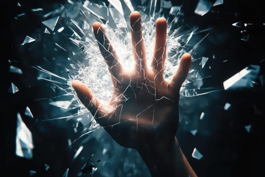A powerful hand thrusting upward, breaking through glass shards, symbolizes strength and resilience. This dynamic image captures the intensity of impact and motion.