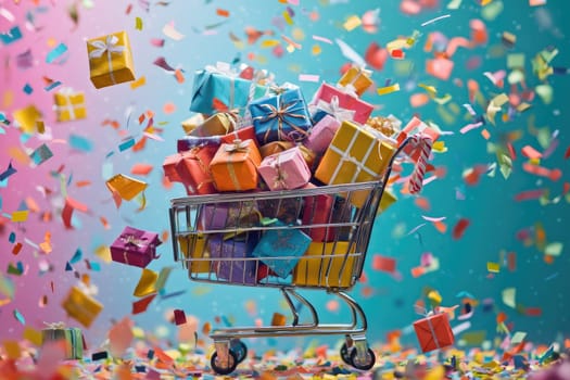 A vibrant shopping cart filled with beautifully wrapped gift boxes, surrounded by colorful confetti. Perfect for visuals of celebration, joy, and festivities.