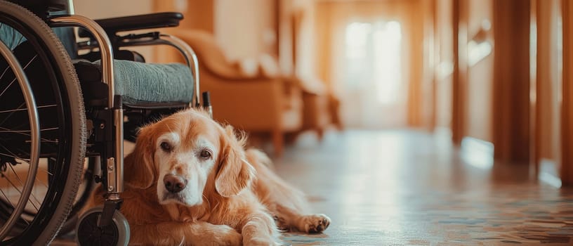 An elderly person in a wheelchair enjoys the presence of a pet dog in a serene indoor setting, highlighting themes of companionship and comfort.