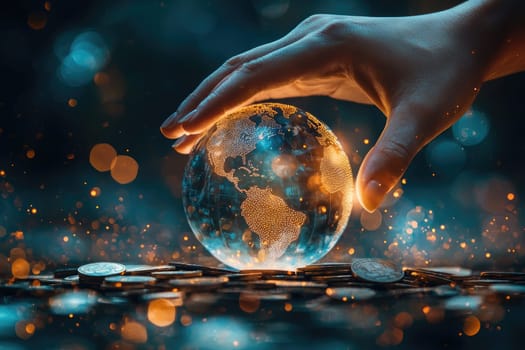 A close-up of a hand reaching to touch a transparent globe, illuminated by warm bokeh lights. This artistic image symbolizes connection, innovation, and global awareness.