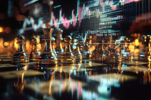 An artistic depiction of luxurious gold and silver chess pieces on a chessboard, with reflections and a modern digital backdrop. Perfect for strategy and game themes.