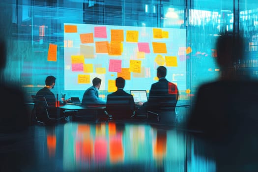 A group of business professionals collaborates in a modern meeting room, focusing on strategy and innovation while surrounded by digital tools and post-it notes.