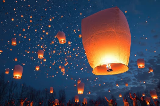 A captivating scene of people gathering to release glowing lanterns into the night sky, creating a magical atmosphere filled with light and joy.