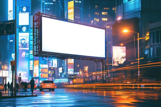 A captivating evening street scene featuring an empty urban environment adorned with bright digital billboards. The modern architecture reflects vibrant colors, creating a surreal atmosphere.